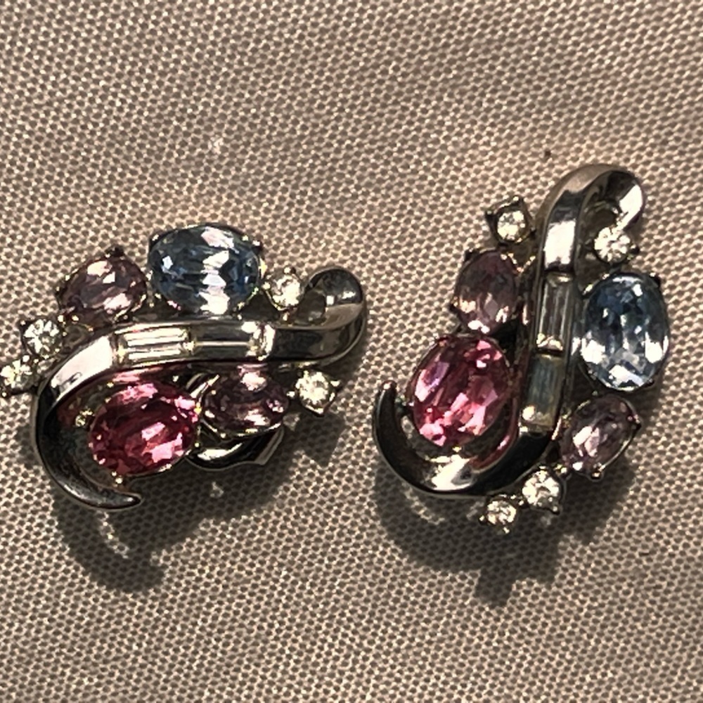 Alfred Philippe Crown Trifari multi stone pink blue stone silver Earrings